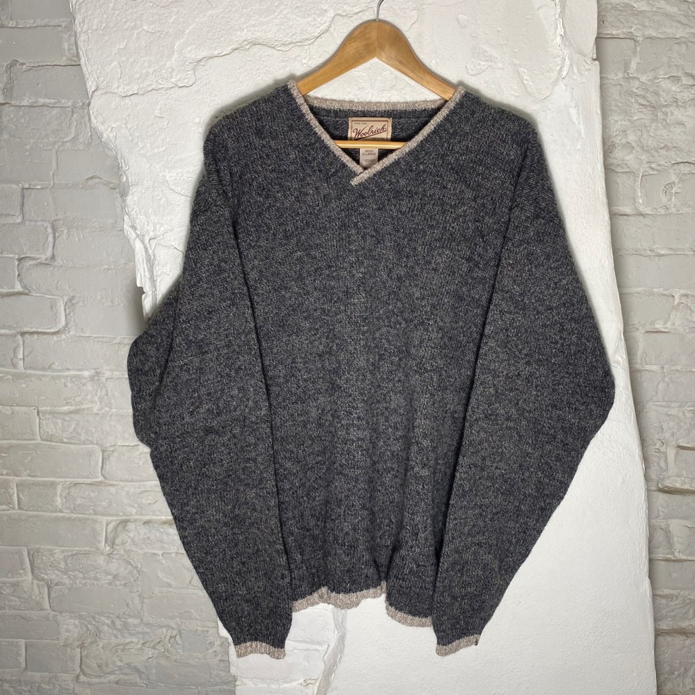 Woolrich Mens XL V-Neck Wool Blend Sweater Charcoal Mix Knit Pullover